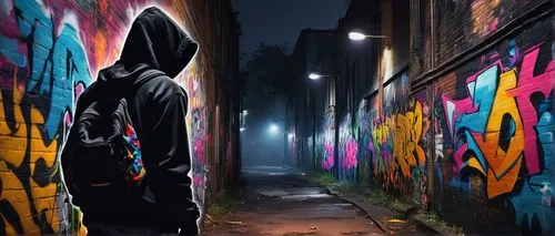 hooded man,alleyway,alley,alley cat,superhero background,graffiti art,light graffiti,light paint,graffiti,hooded,blind alley,red hood,night photography,urban art,urban street art,brick wall background,lightpainting,neon body painting,urban,street artist,Illustration,Paper based,Paper Based 08