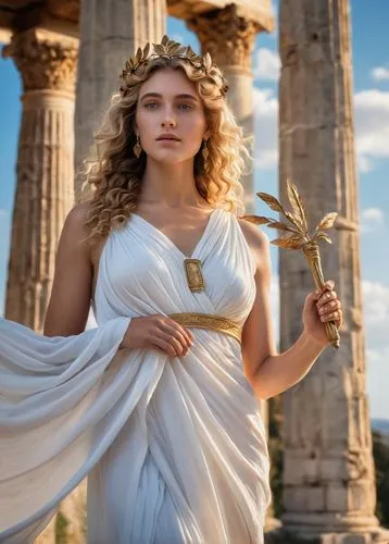 Greek goddess Aeolus, standing, flowing white toga, golden laurel wreath, long curly hair, piercing blue eyes, subtle smile, delicate fingers holding a ornate silver scepter, transparent draped fabric