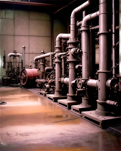 Industrial background, dimly lit, metallic texture, concrete floor, exposed pipes, steam valves, machinery equipment, factory setting, atmospheric perspective, warm color tone, high contrast lighting,