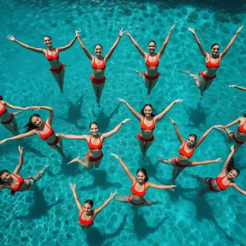 Imagine a vibrant tropical paradise where a group of water ballet team flaunt their stylish micro bikinis.,synchronized swimming,photo session in the aquatic studio,swimming people,young swimmers,medl