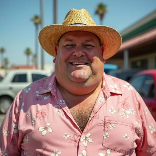 Fat jolly caucasian shaved man in a straw hat with double chin in pink Hawaiian shirt with light pink flowers at a car sale in sunshine ,a man with his tongue out standing in front of parked cars,huel