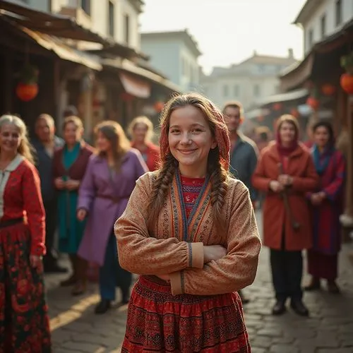 Regionalism style, community identity, cultural heritage, vibrant colors, folk patterns, traditional clothing, nostalgic atmosphere, small-town scenery, old streets, quaint shops, local cuisine, festi