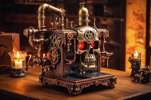 Steampunk skull, metallic bronze body, glowing red eyes, intricate mechanical details, Victorian-era-inspired coffee machine, brass pipes, copper accents, ornate wooden base, steam-emitting chimney, v