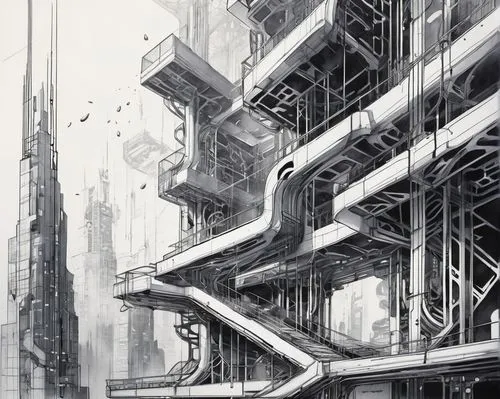 arcology,skyways,unbuilt,neuromancer,fire escape,skywalks,parkade,skybridge,high rises,scifi,megastructures,megastructure,highrises,balconies,density,industrial ruin,cybercity,scaffolding,ascent,undercity,Illustration,Black and White,Black and White 34