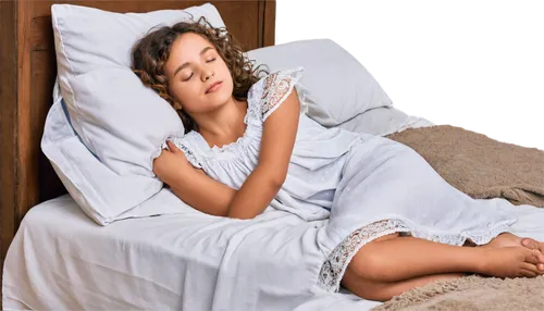 Sleeping girl, curly brown hair, soft blanket, white pillow, closed eyes, relaxed facial expression, gentle smile, nightgown, lace trim, ruffles, lying down, arms curled up, legs bent, cozy atmosphere