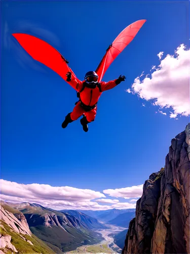 Free fall scenery, extreme sports, solo male, helmet, goggles, backpack, wingsuit, flying squirrel suit, mountain landscape, rocky cliffs, vast valley, blue sky, white clouds, sun rays, strong sunligh