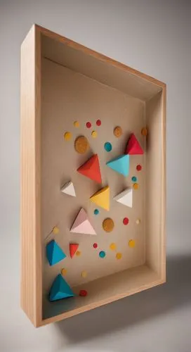 trapezoidal open concrete box with three different colored triangles inside flying around, each featuring colorful shapes. One cubic opening at bottom left corner and one opening at the upper right co