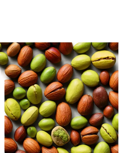 Various nuts, close-up, detailed textures, brown walnut, yellow cashew, red pecan, green pistachio, white almond, shiny surface, subtle shadows, soft focus, warm lighting, 3/4 composition, shallow dep