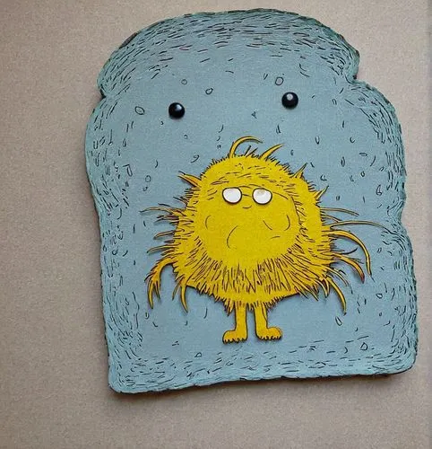 Toast Monster,a close up of a piece of bread with a cartoon character,brickowski,lorax,grubba,sponge,moineau,demosponge,Illustration,Children,Children 05