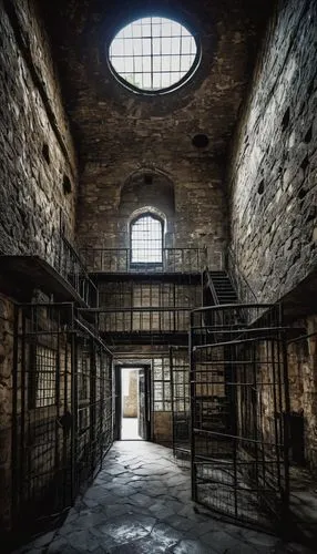 Ancient, medieval, Victorian-era, modern, solitary confinement, panopticon, radial, corridor, cellblock, iron bars, stone walls, narrow windows, dim lighting, musty smell, crumbling infrastructure, iv