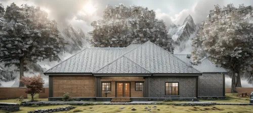 build by mirza golam pir,3d rendering,snow roof,slate roof,render,winter house,house in the forest,timber house,inverted cottage,archidaily,core renovation,landscape designers sydney,landscape design sydney,crown render,bungalow,model house,chalet,metal roof,log cabin,residential house