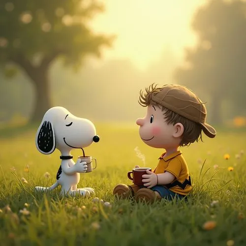 snoopy and charlie brown drinking coffee in the grass ,a  sitting on grass near a snoopbeast smoking a cigarette,boy and dog,snoopy,peanuts,cute cartoon image,cute cartoon character,disneynature,Photo