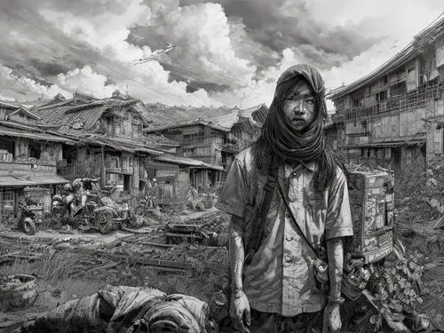 world digital painting,gray-scale,post apocalyptic,mud village,destroyed city,children of war,charcoal drawing,war correspondent,slum,burma,slums,lost in war,photo manipulation,photomanipulation,human