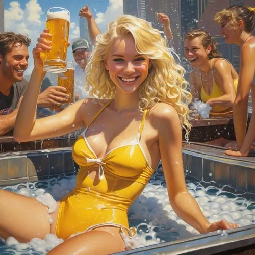 schweppes,jacuzzis,the blonde in the river,hefeweizen,pool bar,bitburger,Illustration,Realistic Fantasy,Realistic Fantasy 03