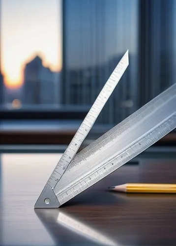 Architectural triangle ruler, precise instrument, stainless steel material, matte finish, ergonomic design, comfortable grip, angular shape, detailed texture, urban cityscape, modern skyscraper, glass