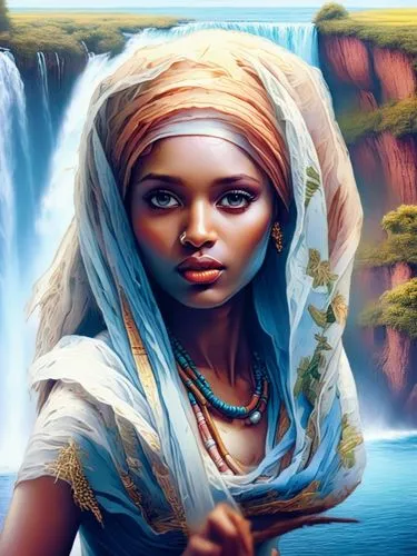 an illustration of a woman standing in front of a waterfall,inanna,nubian,world digital painting,afar tribe,ororo,ancient egyptian girl,Illustration,Realistic Fantasy,Realistic Fantasy 15