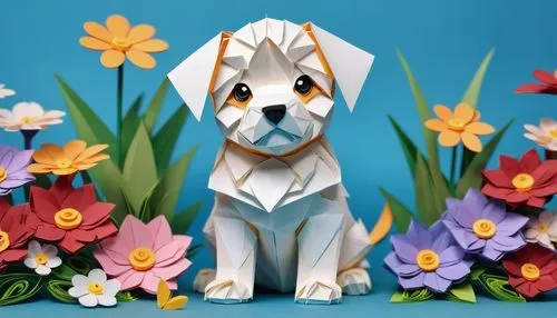 paper art, origami, quilling, cute puppy sitting among flowers,easter dog,dog illustration,toy fox terrier,cartoon flowers,flower animal,bunny on flower,fox terrier,flowers png,flower background,chile