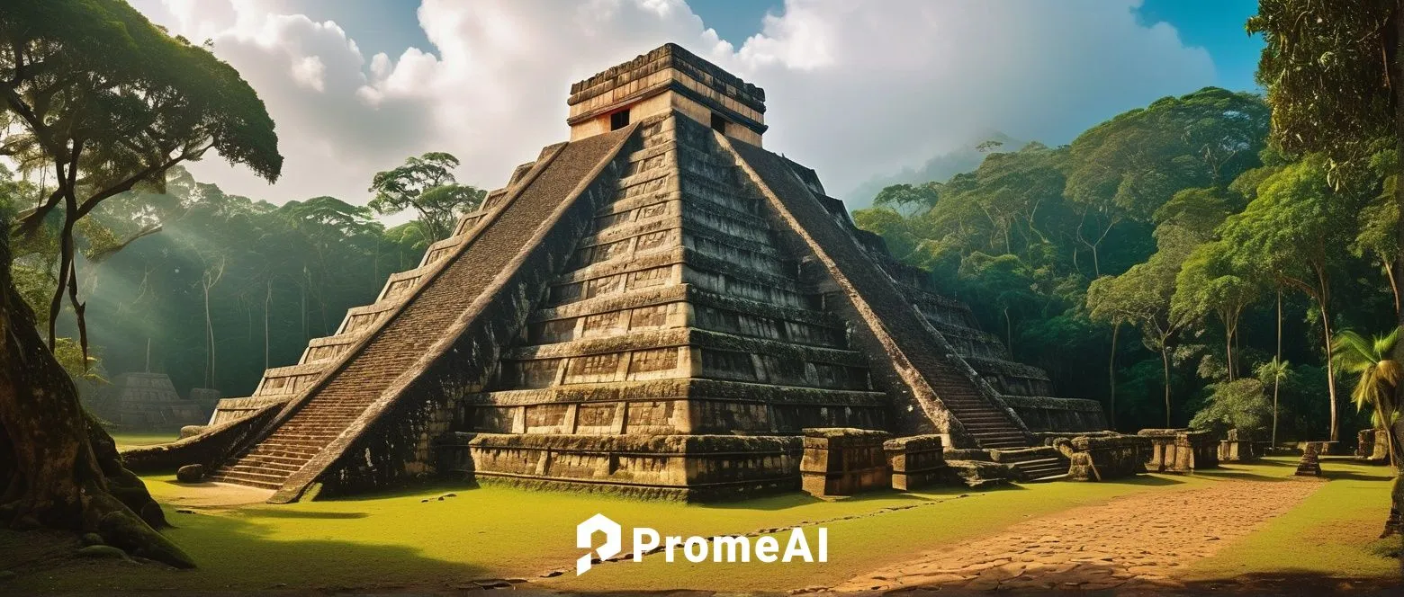 Ancient Mayan temple, intricate carvings, ornate stone walls, vibrant turquoise and red hues, majestic pyramid structure, dense jungle surroundings, exotic plants, misty atmosphere, warm golden lighti