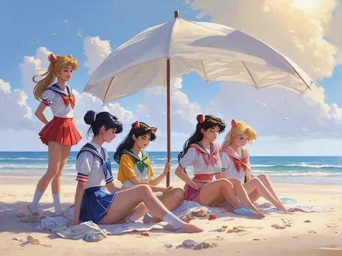 Create a heartwarming scene where the Sailor Scouts enjoy a peaceful day at the beach.,beach umbrella,summer beach umbrellas,umbrella beach,summer umbrella,umbrellas,beach background,beach goers,summe