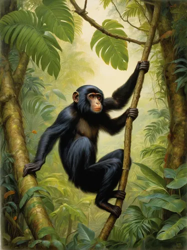 Create a poem about a mischievous black monkey swinging through the trees of a tropical rainforest.,siamang,common chimpanzee,chimpanzee,bonobo,tarzan,cercopithecus neglectus,primate,chimp,gibbon 5,pr