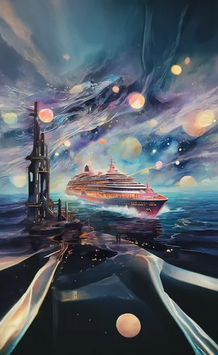 futuristic landscape,sea fantasy,costa concordia,ship traffic jams,sci fiction illustration,exploration of the sea,panoramical,ocean liner,world digital painting,ship traffic jam,atlantis,space art,submersible,voyage,the horizon,fantasy landscape,ship releases,adrift,fantasy picture,open sea