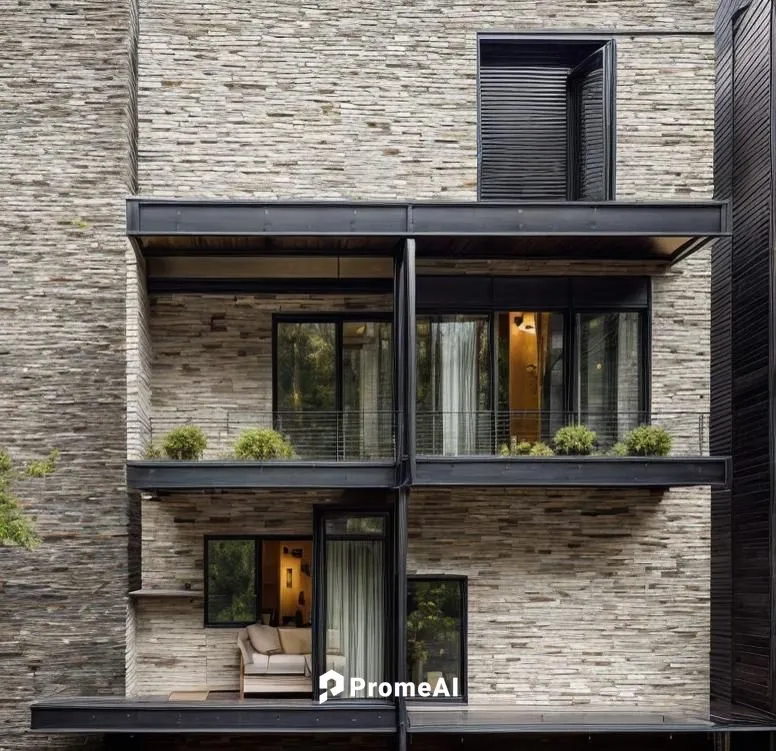 MAKE ALL WINDOW FRAME BLACK ALLUMINIUM AND ADD PLANTERS IN BALCONY  AND ADD TREES AROUND AND SKY ON TOP AND ADD MODERN WALL LIGHTS AND NIGHT TIME SCENE ALSO ADD A HUT SHAPE STRUCTURE

,kundig,crittall