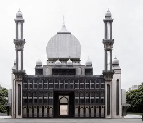 a large building with two large dome roofs, an open door and two tall pillars,masjid jamek mosque,star mosque,masjid,grand mosque,darussalam,big mosque,kau ban mosque,suhrawardi,islamic architectural,