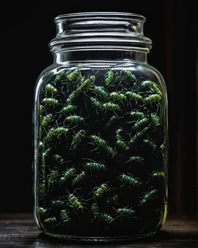 jar, mind maggots, swirling, grotesque creatures, translucent, slimy texture, detailed, eerie glow, glass material, reflective surface, close-up, horror theme, dark background, dim lighting, ominous a