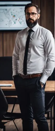 Network architect, mature man, (35yo), glasses, short brown hair, beard, white shirt, black tie, formal pants, leather belt, standing, modern conference room, large wooden table, multiple chairs, whit