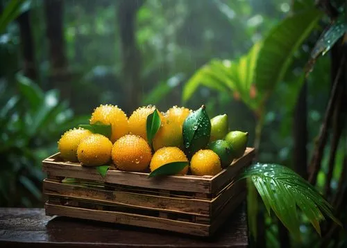 Mipapaya, exotic fruit, vibrant yellow skin, green leaves, tropical rainforest, misty atmosphere, warm lighting, dew droplets, detailed texture, 3/4 composition, shallow depth of field, cinematic shot