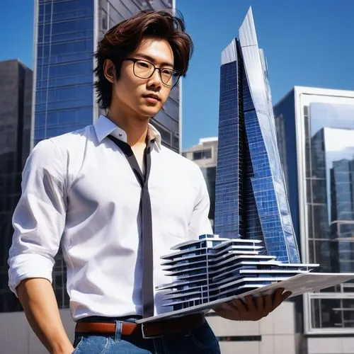 Modern architect, standing, confident pose, blueprints in hand, glasses, messy brown hair, casual white shirt, dark blue jeans, black sneakers, holding a model of a futuristic skyscraper, cityscape ba