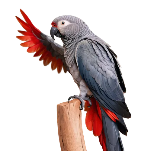 African Gray Parrot, exotic bird, bright eyes, curved beak, gray feathers, white face, vibrant red tail, perched, looking straight, spread wings, soft focus background, natural light, shallow depth of