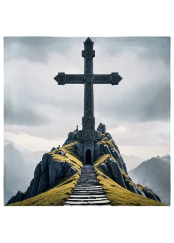 Large cross, mountain peak, majestic landscape, stone structure, intricate carvings, weathered surface, misty atmosphere, dramatic lighting, cinematic composition, wide-angle shot, symmetrical arrange