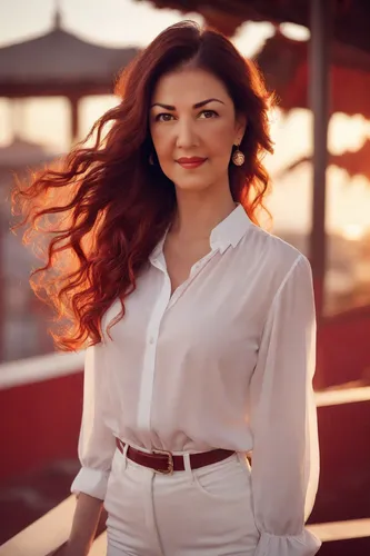 Mulher ruiva , cabelos longos por do sol,social,beyaz peynir,white shirt,yasemin,hallia venezia,portrait photography,real estate agent,marina,iranian,bussiness woman,female model,arab,turkish,young mo