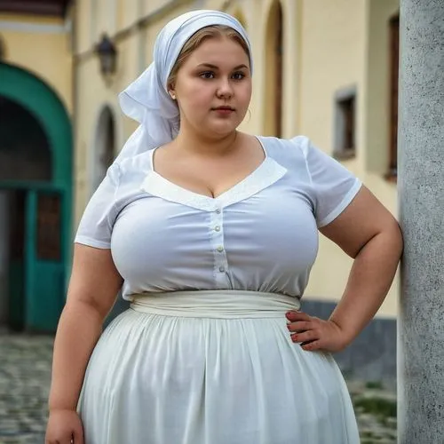 A young busty obese Russian Orthodox woman, 25 years old, modest, dressed in a long skirt and a white camisole with short sleeves, wearing a headscarf. She radiates modesty and light,a large woman wea