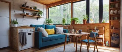 small cabin,sunroom,inverted cottage,home interior,kitchen interior,summerhouse,cabin,summer cottage,wooden windows,breakfast room,sitting room,garden shed,scandinavian style,livingroom,wood window,kitchen design,wood casework,kitchenette,country cottage,nook,Conceptual Art,Oil color,Oil Color 07