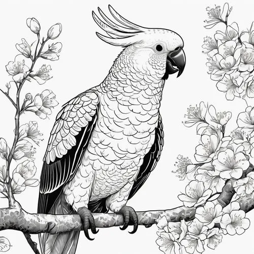 little corella,flower and bird illustration,line art birds,budgerigar,parakeet,budgerigar parakeet,Illustration,Black and White,Black and White 04