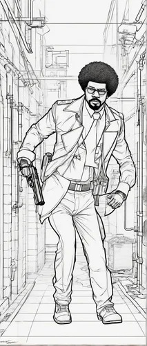 Write a thrilling action sequence where Jules Winnfield engages in a high-stakes gunfight with a gang of criminals in a dark alleyway.,mono-line line art,office line art,mono line art,lineart,game dra