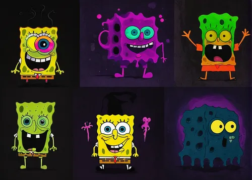 Design a spooky SpongeBob logo with dark and eerie colors and creepy shapes.,house of sponge bob,sponges,plankton,sponge bob,halloween vector character,sponge,halloween icons,neon ghosts,neon drinks,h