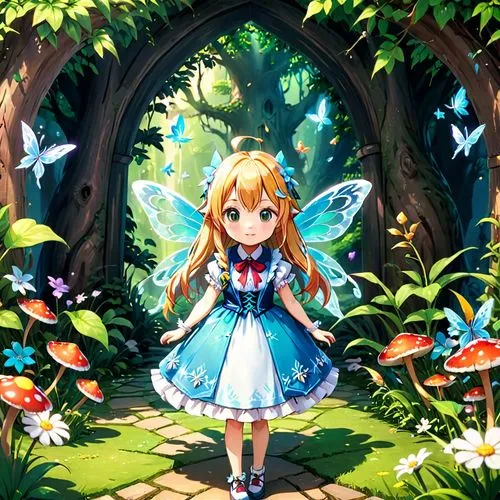 garden fairy,butterfly background,fairy world,fairy forest,alice in wonderland,alice,wonderland,little girl fairy,child fairy,fairy,fairy galaxy,fairy village,flower fairy,spring background,aurora butterfly,vanessa (butterfly),forest background,fairies,springtime background,fairy tale character,Anime,Anime,Traditional