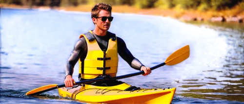 Kayaker, male, athletic build, wearing life jacket, sunglasses, messy short hair, calm facial expression, holding paddle, sitting inside kayak, bright yellow kayak, rippling water, morning light, 3/4 