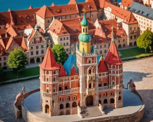 Polish Renaissance-style building, ornate facade, grand entrance, Gothic spires, red-tiled roof, stone walls, intricate carvings, Baroque ornaments, golden accents, historic city square, Krakow, Wawel