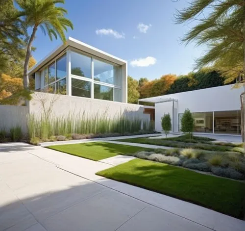 DISEÑO DEL EXTERIOR DE UNA CASA ESTILO MINIMALISTA, CON UN ACCESO CON PAVIMENTO DE CONCRETO, UNA JARDINERA   A LO LARGO DEL MURO DE ACCESO CON PLANTAS DE FORMIO, ACCESO CON PORTON  A BASE DE ALUMINIO 