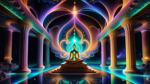 amazing fractal,a painting of a person sitting on a platform near pillars,qabalah,the pillar of light,oracular,enlightenment,akashic,the mystical path,Illustration,Realistic Fantasy,Realistic Fantasy 