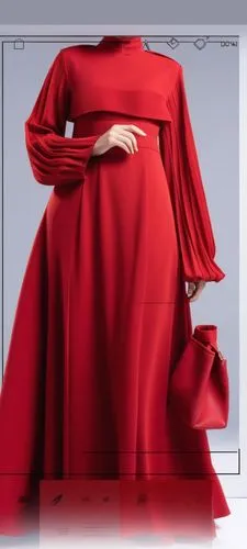 3d fashion drawing of women red  long maxi red abaya fashion Muslim hijab with the pelisee and a lot of pleats on   sleeves pleated sleeves and elastic on the hand of the sleeves abaya with 
 red  col