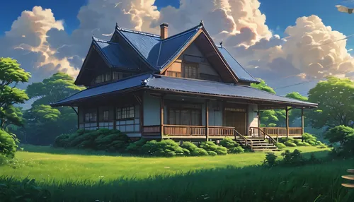 studio ghibli,ghibli,wooden house,house in the forest,dreamhouse,my neighbor totoro,forest house,little house,violet evergarden,home landscape,summer cottage,lonely house,traditional house,beautiful home,house in the mountains,country house,ancient house,wooden houses,roof landscape,witch's house,Photography,General,Natural