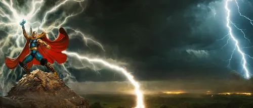 Thor in front of lightning with Asgard and the Bifrost bridge in the distance,Thor Classic: God of Thunder,god of thunder,thors,larfleeze,thor,trigon,thunderer