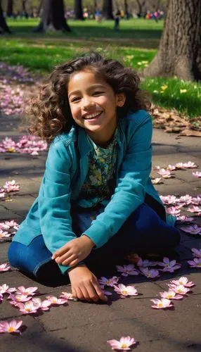 a happy girl on floor, central park, spring,girl in flowers,beautiful girl with flowers,child in park,flower background,girl picking flowers,girl with tree,little girl in pink dress,photographic backg