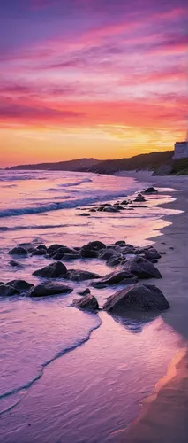 Ay cabr￳n, paint a vivid picture of a breathtaking sunset on a deserted beach.,bamburgh,northumberland,pink beach,pink dawn,maroubra,northern ireland,aberdeenshire,beach landscape,coast sunset,purple 