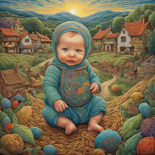 In a quiet village, a mischievous baby creates delightful chaos.,infant,oil painting on canvas,child portrait,pumpkin patch,oil painting,organic egg,newborn,children's background,matrioshka,painted eg